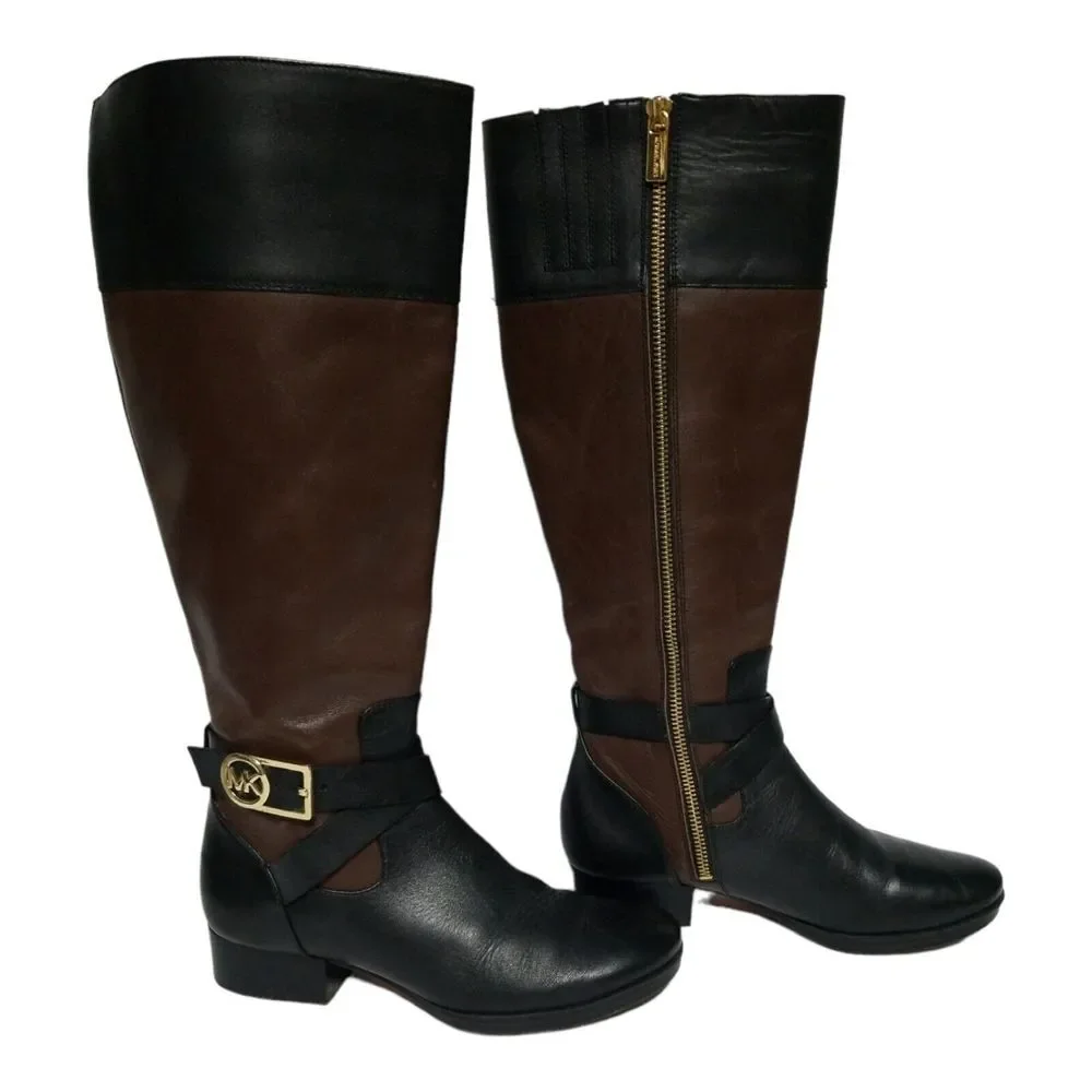 MICHAEL KORS Tall Fulton Black Brown Leather Harness Knee High Boots Women 5.5 M